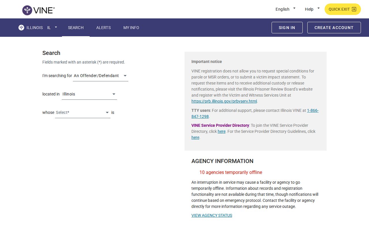 Illinois VINELink person search interface