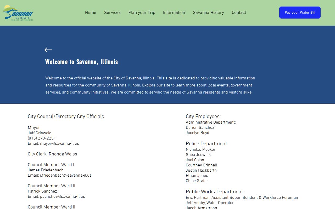 Official Savanna city directory showing police leadership