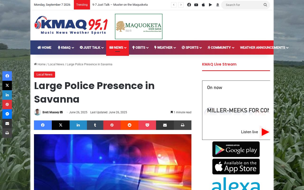 KMAQ report about police activity in Savanna, Illinois
